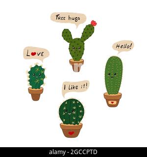 Set di cactus kawaii disegnati a mano. Immagine vettoriale colorata isolata su sfondo bianco. Decorazione per biglietti d'auguri, poster, volantini, stampe per Illustrazione Vettoriale
