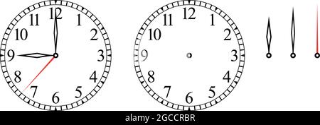 Orologio o quadrante con numeri su sfondo bianco isolato. Ora, minuto e secondo puntatore singolo per il proprio posizionamento. Illustrazione Vettoriale