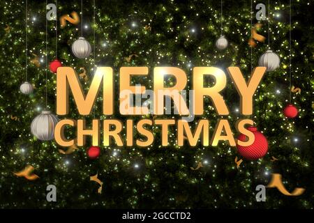 Golden Merry natale tipografia con palla e confetti su sfondo albero di natale illuminazione., rendering 3D. Foto Stock