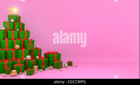 Scatole regalo verdi con nastri rossi disposti a forma di albero di Natale con sfondo rosa, rendering 3D. Foto Stock