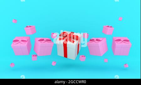 Scatola regalo bianca con nastro rosso tra molti scatola regalo rosa galleggianti su sfondo blu, rendering 3D. Foto Stock