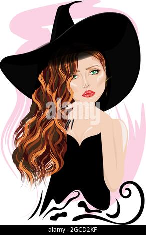 Adorabile strega in un grande cappello. Illustrazione vettoriale Illustrazione Vettoriale