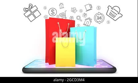 Borse colorate in carta per lo shopping sul telefono cellulare con icona dello shopping e sfondo bianco., shopping online o concetto shopaholic, rendering 3D. Foto Stock