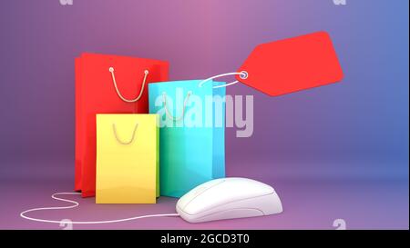 Borse colorate per la spesa in carta e prezzo con mouse per computer., concetto di shopping online o concetto shopaholic, rendering 3D. Foto Stock