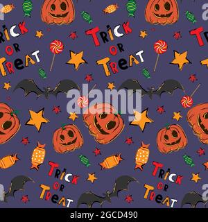 Motivo halloween senza cuciture. Zucca con caramella, trucco o trucco. Illustrazione vettoriale Illustrazione Vettoriale