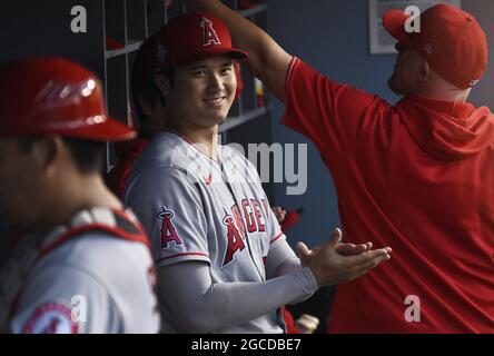Los Angeles, Stati Uniti. 8 agosto 2021. Il lanciatore Shohei Ohtani degli Angels di Los Angeles guarda dal dugout durante la loro partita con i Los Angeles Dodgers al Dodger Stadium di Los Angeles sabato 7 agosto 2021. Foto di Jim Ruymen/UPI Credit: UPI/Alamy Live News Foto Stock