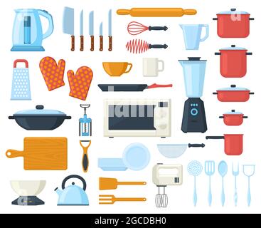 Utensili cucina cucina posate, utensili, utensili, utensili. Stoviglie, utensili da cucina e set di illustrazioni vettoriali per piatti. Utensili da cucina elementi Illustrazione Vettoriale