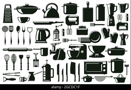Posate, utensili da cucina e utensili da cucina elementi silhouette. Set di simboli vettoriali per strumenti da tavola monocromatici. Cucina utensili Illustrazione Vettoriale