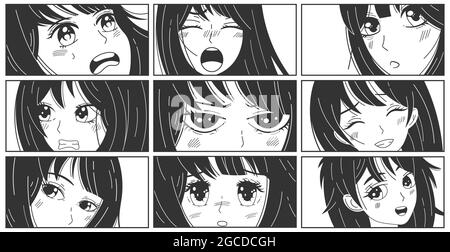 Manga kawaii espressioni anime asiatiche personaggi ragazze. Poster fumetti ANIME cute donna, set di illustrazioni vettoriali. Fumetto manga cartoon giapponese Illustrazione Vettoriale