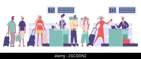 Gruppo di turisti, passeggeri viaggiatori bagagli check in aeroporto. Illustrazione del vettore di rilevamento della sicurezza degli aeroporti a piedi. Viaggi aeroporto Illustrazione Vettoriale