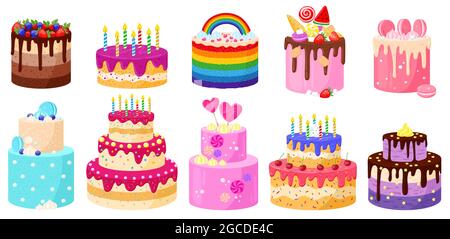 Cartoon festa di compleanno festa celebrazione dolci deliziosi. Happy Birthday cioccolato e fragole candele torta vettore illustrazione set. Compleanno Illustrazione Vettoriale