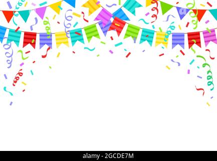 Bandiere, nastri e confetti per il compleanno. Cartoon festa celebrazione decorazioni vettore illustrazione. Festa di compleanno Illustrazione Vettoriale