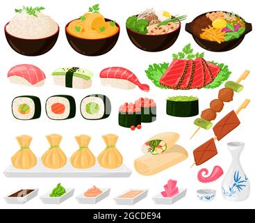 Cartoon asiatico tradizionale coreano, giapponese, cinese cibo. Cibo di strada asiatico, noodles sushi sashimi ramen gnocchi vettore illustrazione set. Orientale Illustrazione Vettoriale