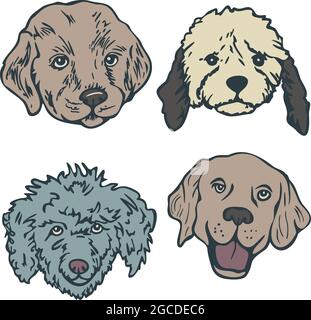 Set di illustrazioni vettoriali con facce a cane. Collezione decorativa con razze diverse di dogs.Vector illustrazione set con facce cane. Raccolta decorativa Illustrazione Vettoriale