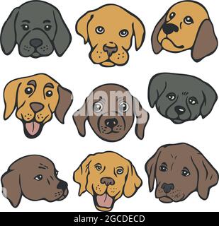 Set di illustrazioni vettoriali con facce decorative del cane. Collezione con razze diverse di cani. Illustrazione Vettoriale
