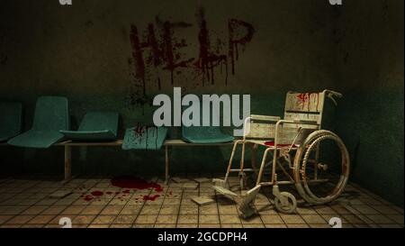 Horror e creepy seduta in attesa e sedia a rotelle di fronte alla sala esame in ospedale e aiutare Blood .3D rendering Foto Stock