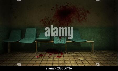 Horror e creepy seduta in attesa di fronte alla sala esame in ospedale.3D rendering Foto Stock