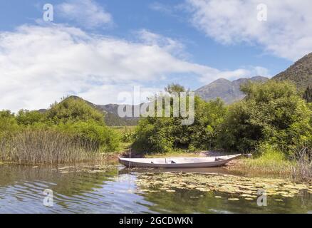 Imbarcazione da pesca vuota sul fiume Crnojevica sul Parco Nazionale del Lago di Skadar. Montenegro. Foto Stock