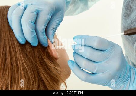 Controllo dell'orecchio con batuffolo di cotone in laboratorio medico Foto Stock