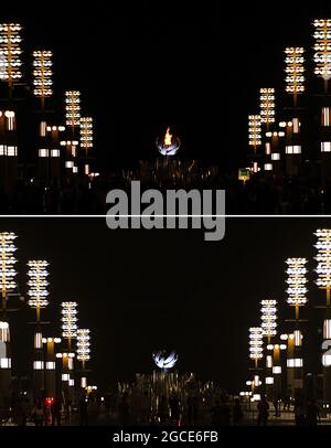 Tokyo. 8 agosto 2021. La foto combinata, scattata l'8 agosto 2021, mostra lo spegnimento della fiamma olimpica di Tokyo 2020 a Tokyo, Giappone. Credit: LU Yang/Xinhua/Alamy Live News Foto Stock