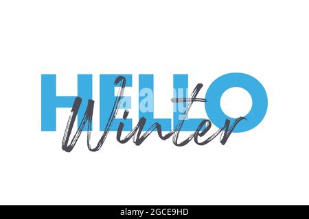 Design tipografico moderno, vivace e audace, che dice "Hello Winter" nei colori blu e grigio scuro. Vettore grafico semplice, divertente, urbano, trendy Foto Stock