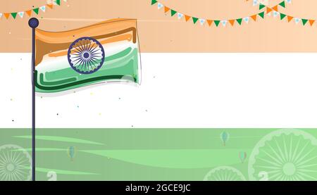 Indian National Flag sfondo a colori con ruota Ashoka, elegante poster, banner o volantino design per il 15 agosto, festa felice Independence Day. Illustrazione Vettoriale