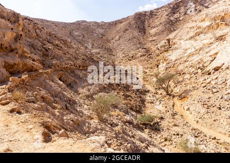 Valle delle Grotte nel centro archeologico di Mleiha a Sharjah, sentiero che conduce alle grotte del periodo neolitico, paesaggio di montagne calcaree. Foto Stock