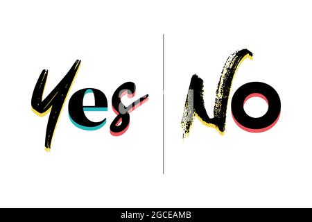 Design tipografico moderno, creativo e colorato di una parola 'Sì, No' nei colori giallo, rosso, blu e nero. Grafica vivace, urbana, cool, trendy Foto Stock