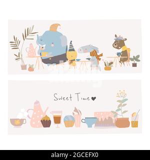 Illustrazione degli animali carino seduti al caffè Illustrazione Vettoriale