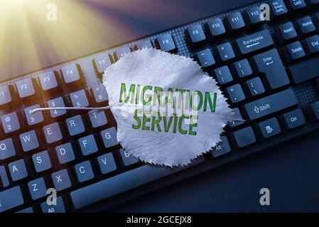 Ispirazione che mostra il segno Servizio migrazione. Concetto che significa trasferire i dati aziendali a un provider di servizi cloud che compone un nuovo messaggio di posta elettronica Foto Stock