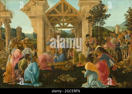 Titolo: L'Adorazione dei Magi Creatore: Sandro Botticelli Data: c. 1478/1482 Medio: Tempera e olio su pannello di pioppo dimensioni: 68 x 102 cm Ubicazione: National Gallery of Art, Washington DC Foto Stock