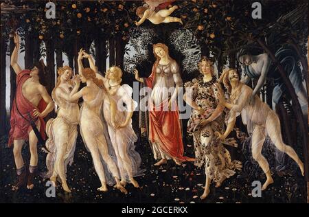 Titolo: Primavera Creatore: Sandro Botticelli Data: c.1478 Medio: Tempera su pannello dimensioni: 172.5 x 278.5 cm Località: Galleria degli Uffizi, Firenze Foto Stock