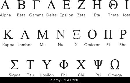 Lettere o simboli alfabetici greci con nomi in serie vettoriale Illustrazione Vettoriale