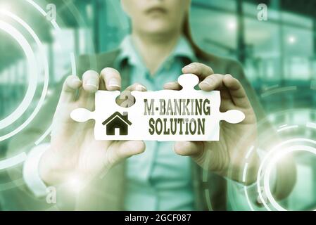 Ispirazione che mostra Sign M Banking Solution. Internet Concept ha avuto accesso alle attività bancarie tramite un'applicazione sullo smartphone Business Woman Holding Jigsaw Foto Stock