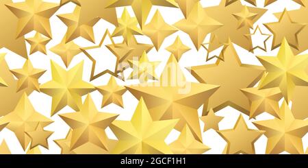Le stelle dorate 3d con motivo senza cuciture volano. Le stelle d'oro confetti. Caduta stellata casuale con motivo senza cuciture. Lussuoso luccicante stellare casualmente cadente su bianco ba Illustrazione Vettoriale