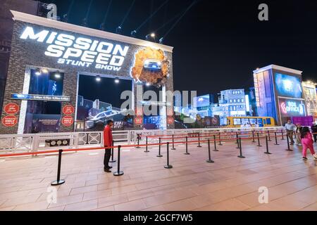 26 febbraio 2021, Emirati Arabi Uniti, Dubai: Ingresso e biglietteria di uno spettacolo di velocità di missione nel Global Village Foto Stock