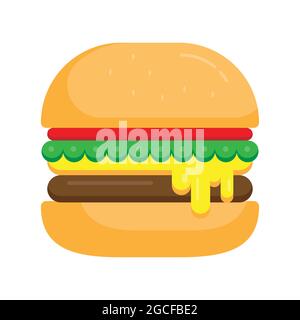 Isolato gustoso hamburger grande su sfondo bianco. Hamburger cartoon dal design piatto con formaggio e semi di sesamo isolati su sfondo bianco. Vettore illustraz Illustrazione Vettoriale