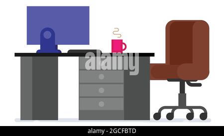 Scrivania per la casa o l'ufficio con cassetto a piedistallo, sedia a rotelle, computer e tazza di caffè. Illustrazione vettoriale del piano di lavoro di tipo piatto. Illustrazione Vettoriale