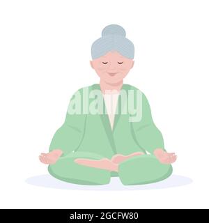 Una donna anziana fa yoga, si siede nella posizione del loto, medita. Il concetto di concentrazione, calma e uno stile di vita sano. Illustrazione vettoriale Illustrazione Vettoriale