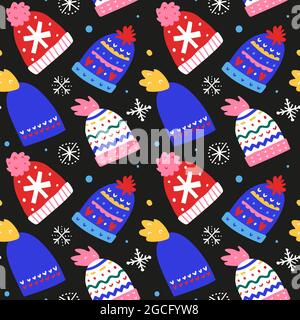 Cappelli in maglia natalizia con ornamenti natalizi, biglietto d'auguri natalizi, cappelli in maglia invernale calda, disegno scandinavo, motivo vettoriale senza cuciture, festivo Illustrazione Vettoriale