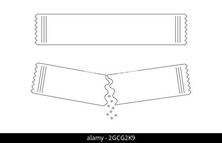 Bustine con zucchero o sale intero e versato. Confezioni con polvere culinaria solubile in stile lineare. Tratto modificabile. Icone con linee sottili. Illustrazione vettoriale. Illustrazione Vettoriale