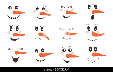 Simpatici snowmen facce insieme. Collezione di simpatici teste di pupazzo con diverse emozioni e nasi di carote. Design delle vacanze invernali. Illustrazione di cartoni animati vettoriali. Illustrazione Vettoriale