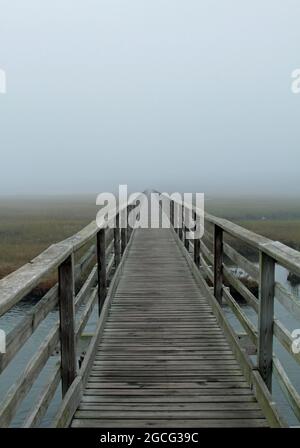 Vista della passerella Bass Hole a Yarmouth Port, Massachusetts, a Cape Cod, che sparisce all'orizzonte in fitta nebbia Foto Stock