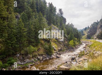 Paesaggio panoramico estivo nella Foresta di Sherwood, Boulder Canyon, Colorado Foto Stock