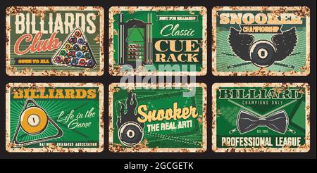 Biliardo club arrugginito piastre in metallo, vettore vintage ruggine stagno segni. Palline da biliardo sul tavolo verde con cue, rack, cravatta da collo o ali. Hobby sportivo, snooke Illustrazione Vettoriale