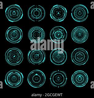 Bussola HUD, pannello di controllo AIM o interfaccia di navigazione. Target sci-fi vettoriale, puntamento ottico militare futuristico, interfaccia utente schermo tecnico navicella spaziale Illustrazione Vettoriale