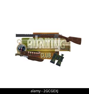 Icona del club sportivo di caccia, attrezzatura di caccia e munizioni di caccia, simbolo vettoriale. Caccia safari africani e foresta animali selvatici trofeo aperto stagione munizioni fucl Illustrazione Vettoriale
