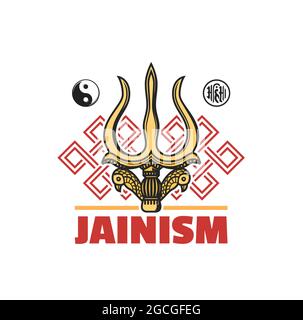 Jainism religione simbolo isolato vettore icona con Jain Dharma segni religiosi. Ahimsa, yin yang, nodo infinito o srivatsa e tridente d'oro di Shiva Go Illustrazione Vettoriale