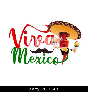Viva Messico, cartone animato mariachi pepe. Red Chili musicista carattere di vacanza messicana con cappello sombrero, maracas e baffi neri, giacca mariachi Illustrazione Vettoriale