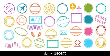 Postal Stamp colorato cornice vuota. Banner icona vintage bordo pacchetto postmark. Stampa timbri vuoti. Documento e confezione, lettera insignia collezione etichetta rotonda e quadrata timbro simbolo Illustrazione Vettoriale